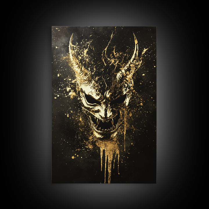 Oni Demon Mask Gold Canvas Print, Japanese Mythology Wall Art, Real Wood Frame, Bold Samurai Mask Artwork