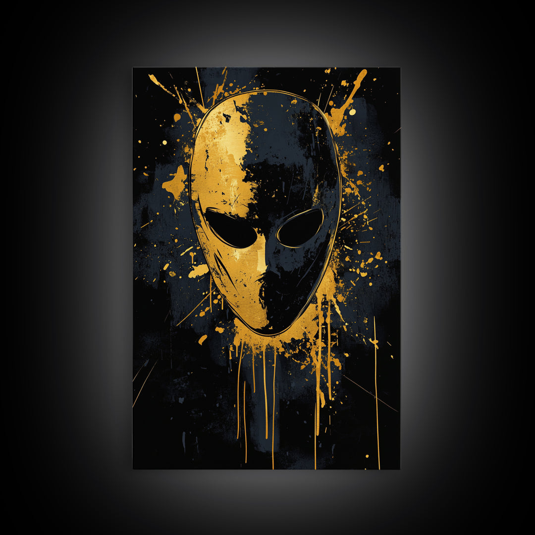 Minimalist Mask Gold Canvas Print, Abstract Splatter Face Wall Art, Real Wood Frame, Contemporary Mask Decor