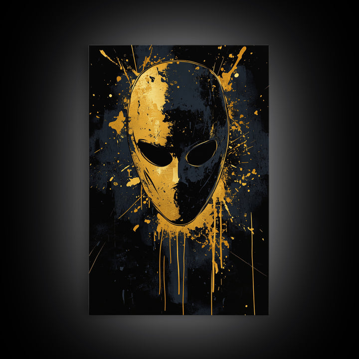 Minimalist Mask Gold Canvas Print, Abstract Splatter Face Wall Art, Real Wood Frame, Contemporary Mask Decor