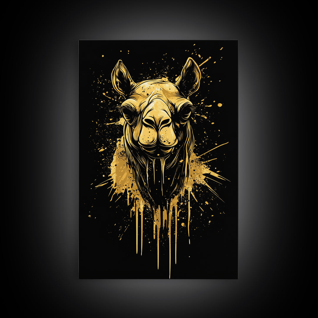 Camel Portrait Gold Canvas Print, Animal Splatter Wall Art, Real Wood Frame, Modern Wildlife Artwork For Home