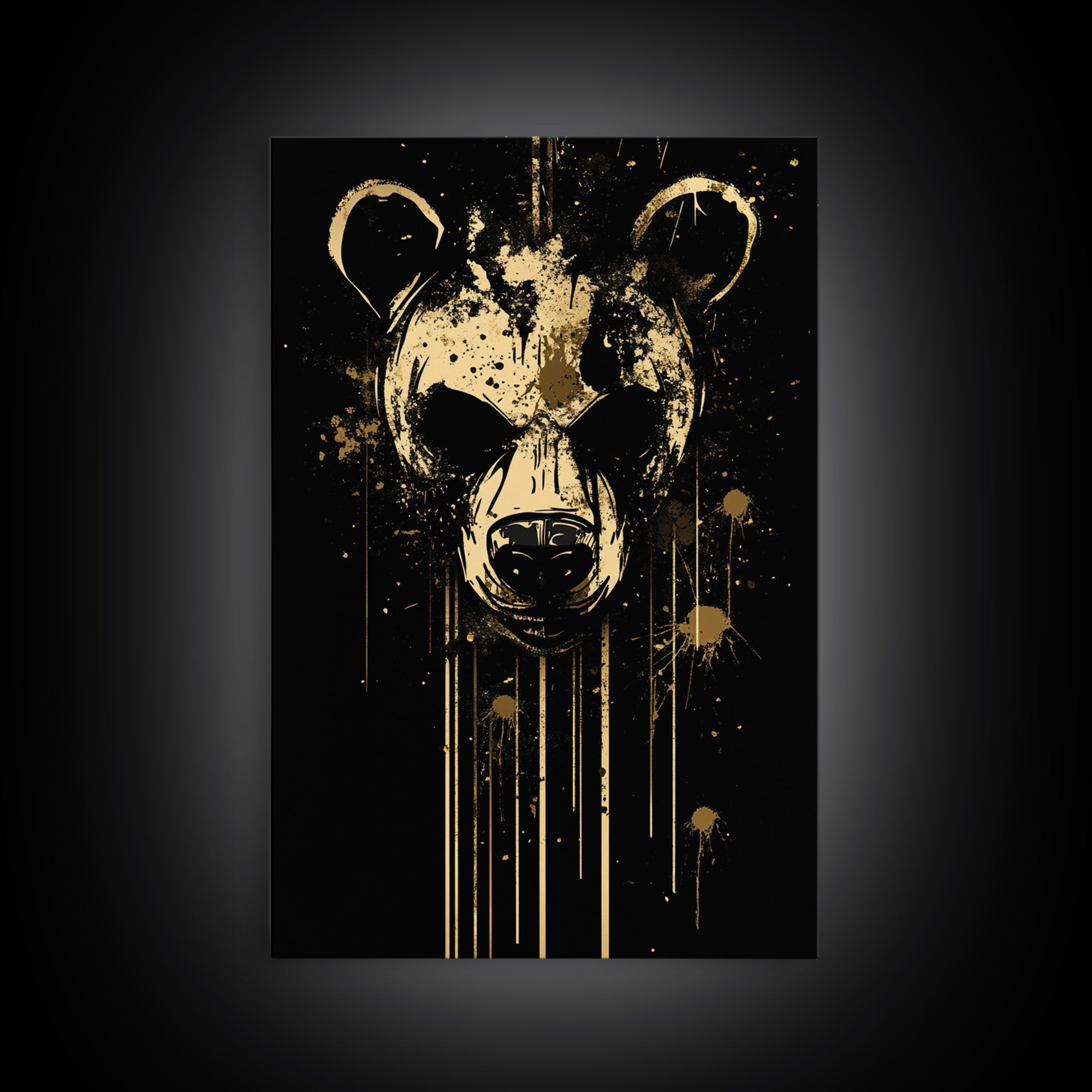 Bear Face Gold Canvas Print, Animal Splatter Wall Art, Real Wood Frame, Fierce Wildlife Artwork For Modern Decor