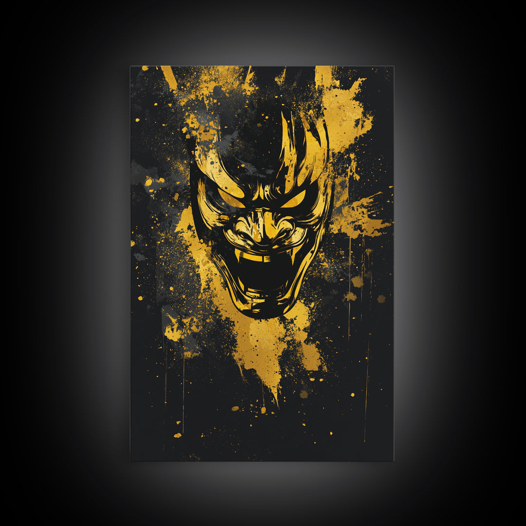 Samurai Mask Gold Canvas Print, Japanese Warrior Wall Art, Real Wood Frame, Bold Splatter Mask Artwork For Home