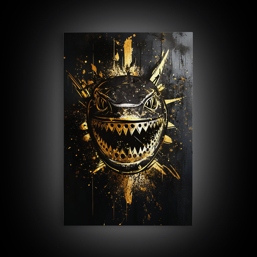 Shark Splatter Gold Canvas Print, Abstract Ocean Predator Wall Art, Real Wood Frame, Bold Modern Sea Life Artwork