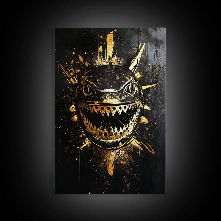 Shark Splatter Gold Canvas Print, Abstract Ocean Predator Wall Art, Real Wood Frame, Bold Modern Sea Life Artwork