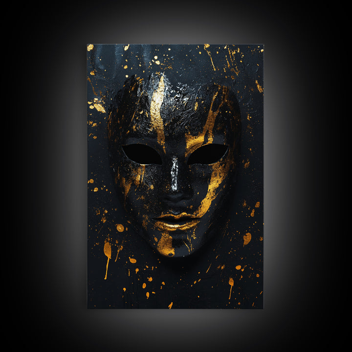 Abstract Mask Gold Canvas Print, Contemporary Splatter Face Wall Art, Real Wood Frame, Modern Tribal Mask Decor