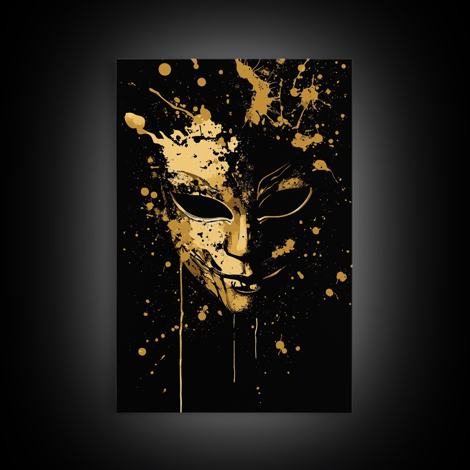 Mysterious Mask Gold Canvas Print, Abstract Splatter Face Wall Art, Real Wood Frame, Dark Modern Mask Artwork