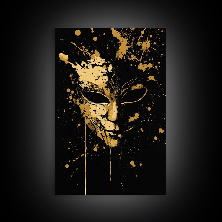 Mysterious Mask Gold Canvas Print, Abstract Splatter Face Wall Art, Real Wood Frame, Dark Modern Mask Artwork