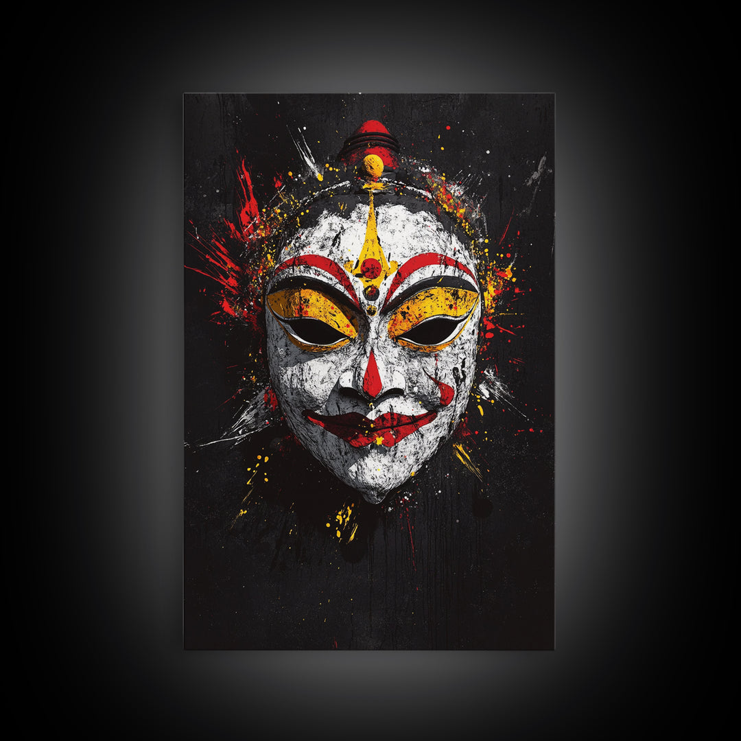 Tribal Feather Mask Gold Canvas Print, Splatter Art Decor, Ethnic Wall Art, Real Wood Frame, Cultural Modern Artwork