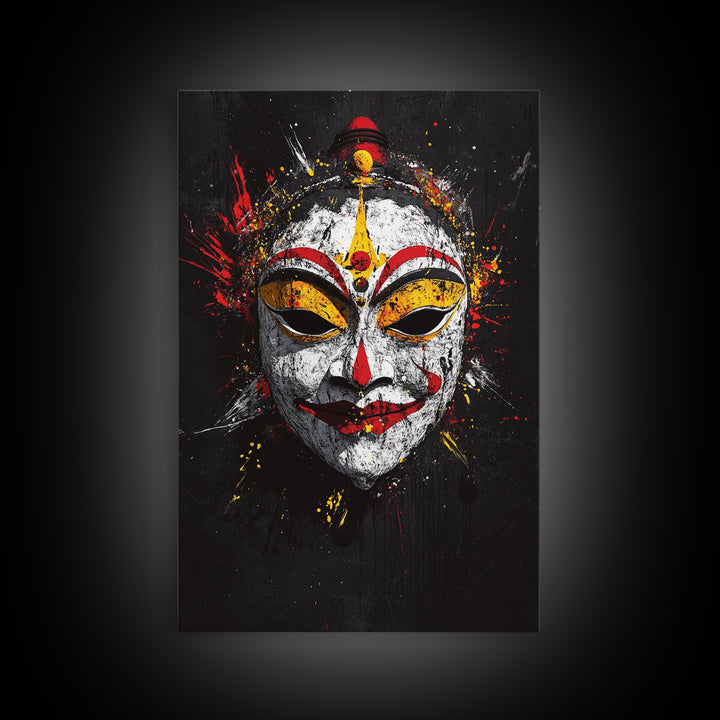 Tribal Feather Mask Gold Canvas Print, Splatter Art Decor, Ethnic Wall Art, Real Wood Frame, Cultural Modern Artwork