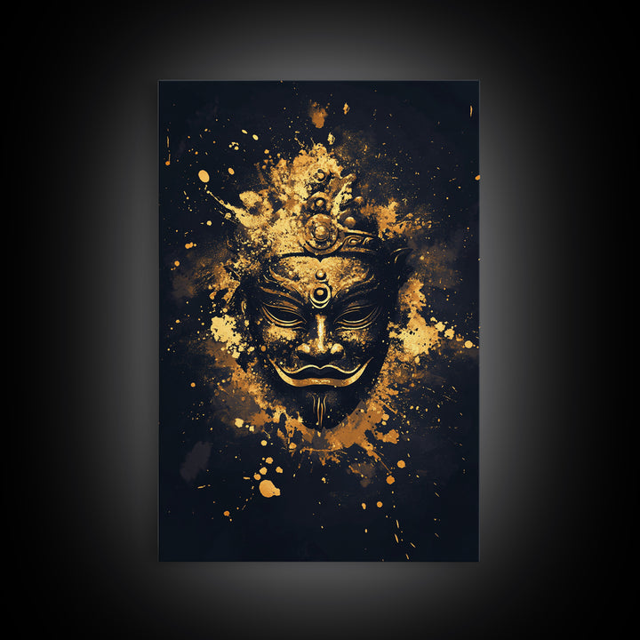 Ancient Mask Gold Canvas Print, Mystical Splatter Wall Art, Real Wood Frame, Bold Spiritual Mask Artwork For Home