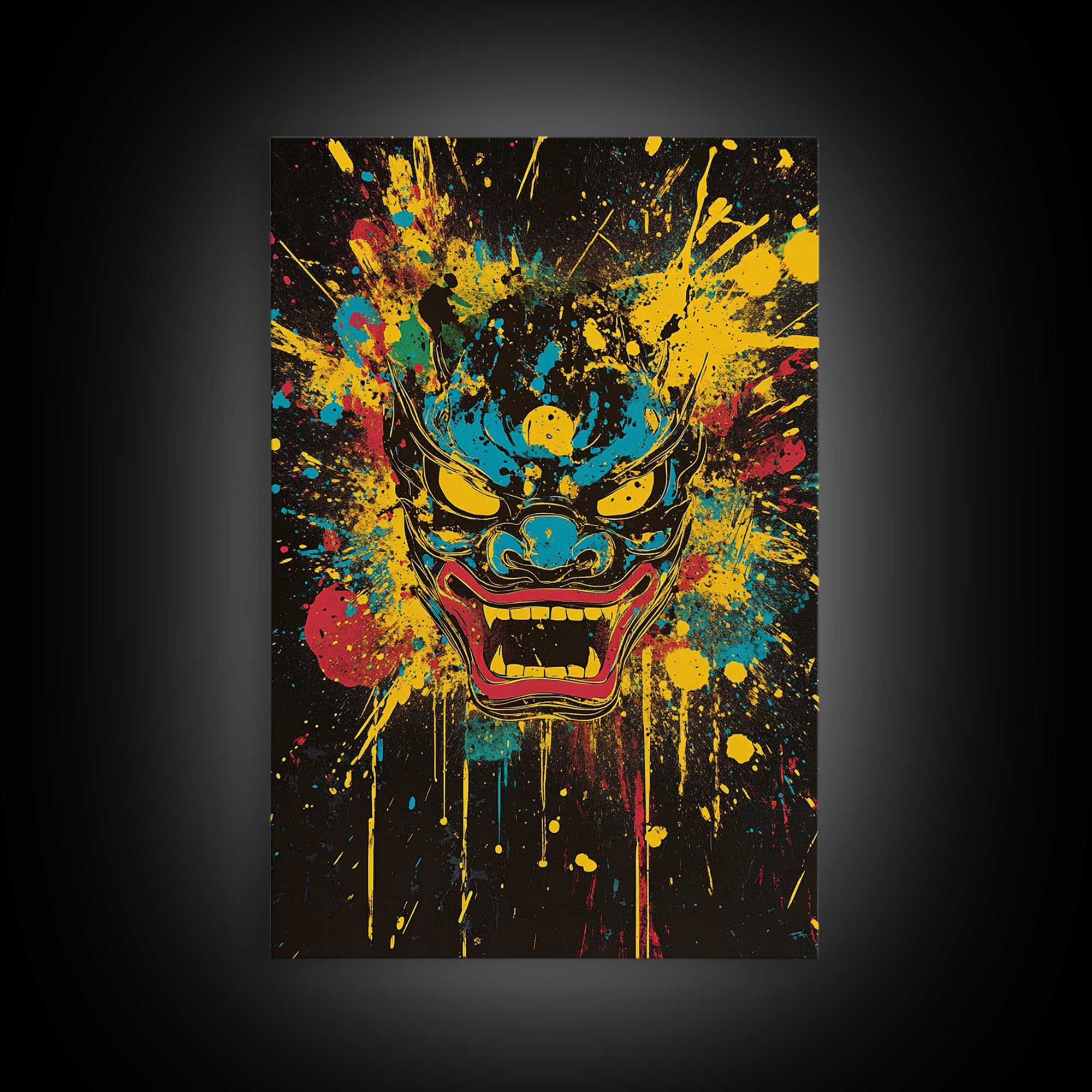 Demonic Horn Mask Gold Canvas Print, Gothic Wall Art, Dark Splatter Painting, Real Wood Frame, Bold Statement Decor