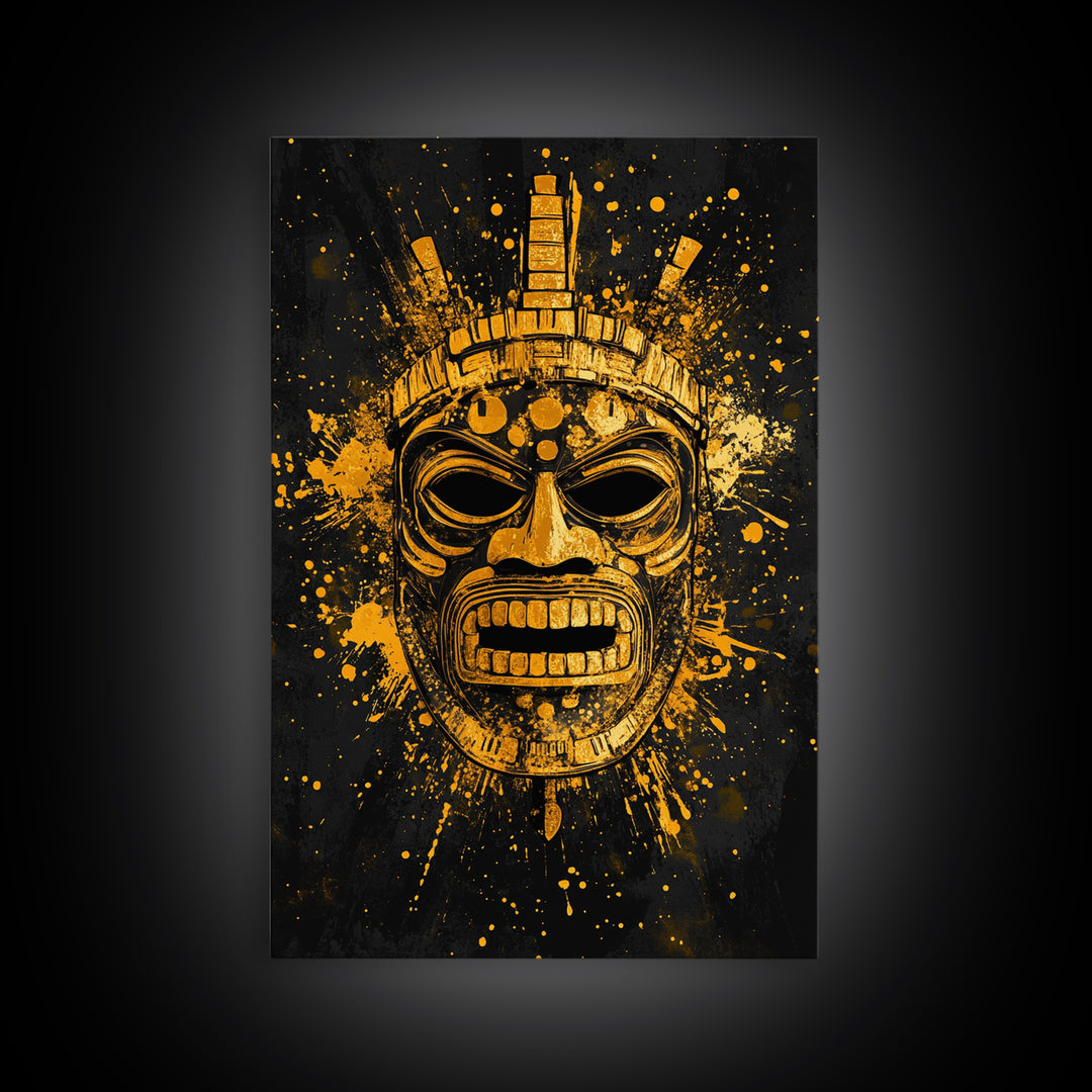 Abstract Alien Mask Gold Canvas Print, Futuristic Splatter Art, Minimalist Wall Art, Real Wood Frame, Modern Home Decor