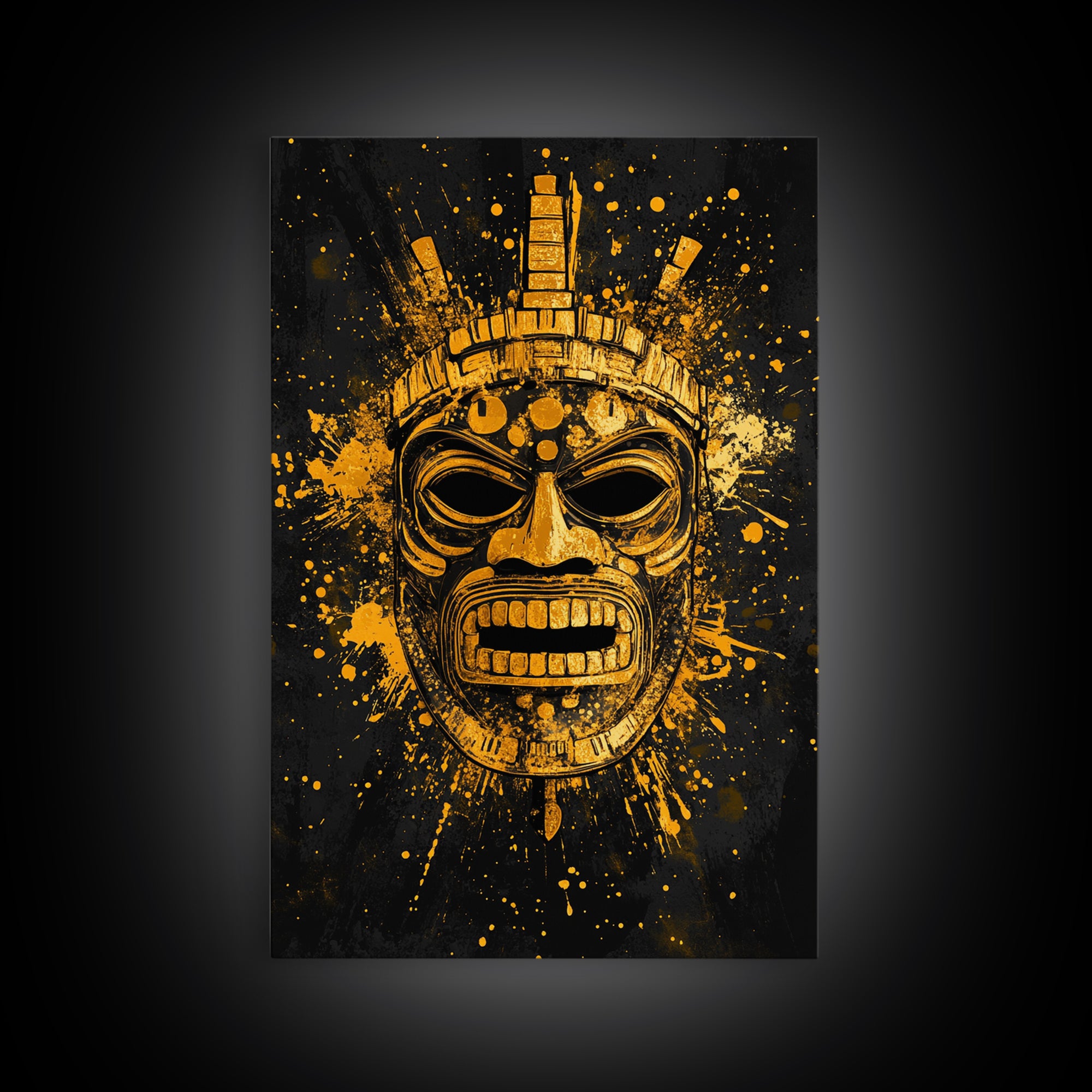 Abstract Alien Mask Gold Canvas Print, Futuristic Splatter Art, Minimalist Wall Art, Real Wood Frame, Modern Home Decor