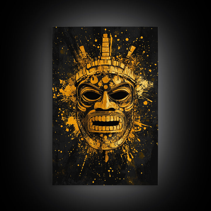 Abstract Alien Mask Gold Canvas Print, Futuristic Splatter Art, Minimalist Wall Art, Real Wood Frame, Modern Home Decor
