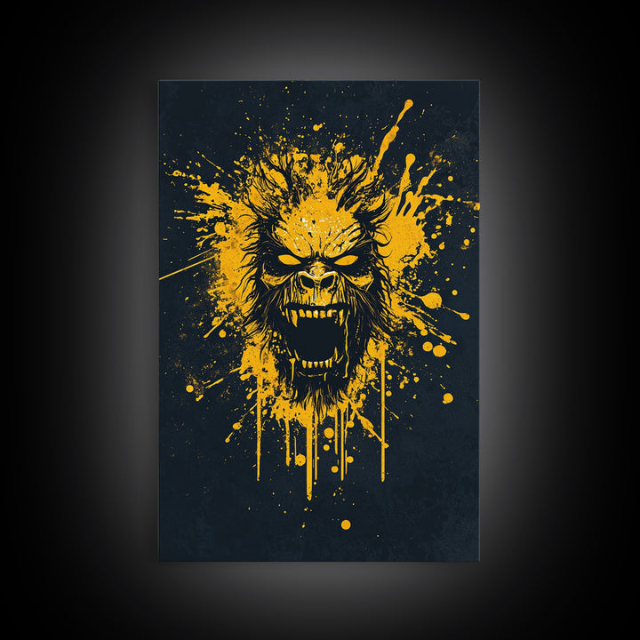 Bear Face Gold Canvas Print, Animal Splatter Art, Fierce Wildlife Wall Decor, Real Wood Frame, Modern Bold Statement Art