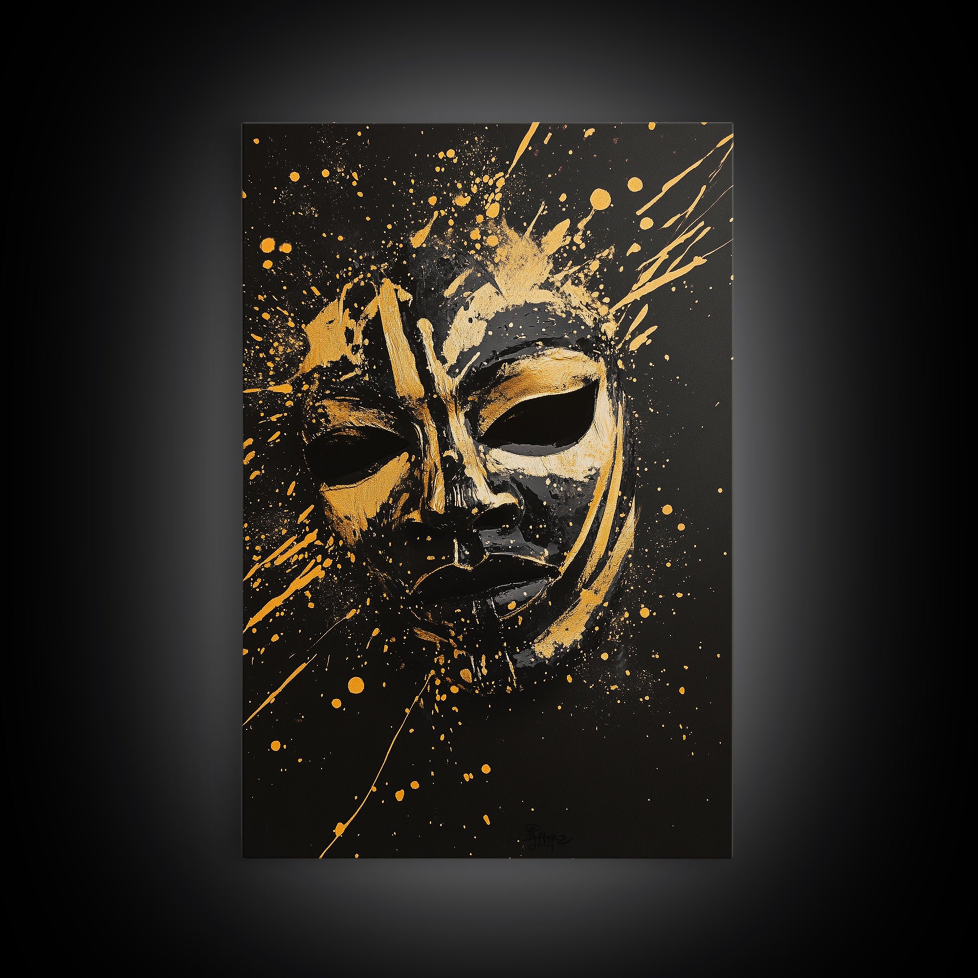 Samurai Oni Mask Gold Canvas Print, Japanese Splatter Artwork, Warrior Wall Art, Real Wood Frame, Bold Cultural Decor