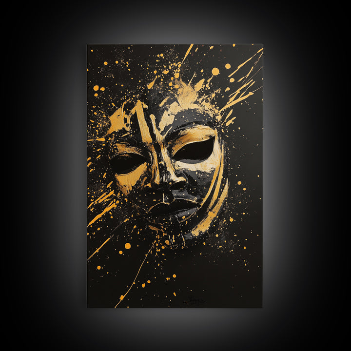 Samurai Oni Mask Gold Canvas Print, Japanese Splatter Artwork, Warrior Wall Art, Real Wood Frame, Bold Cultural Decor
