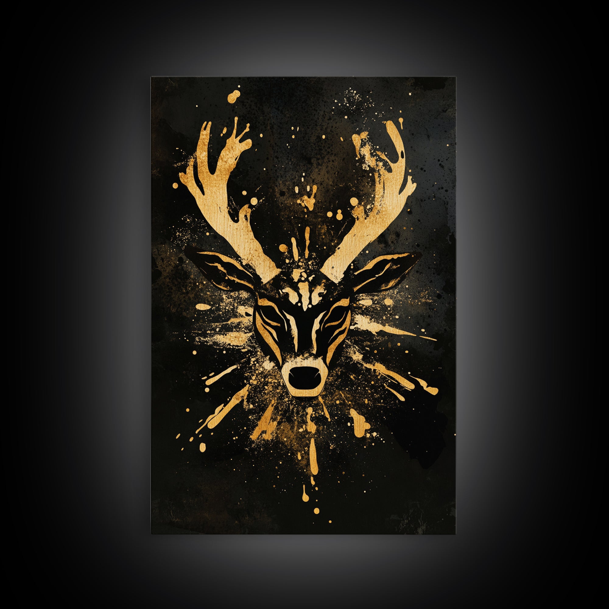Textured Tribal Mask Gold Canvas Print, Splatter Art Design, Abstract Cultural Wall Art, Real Wood Frame, Bold Decor Piece