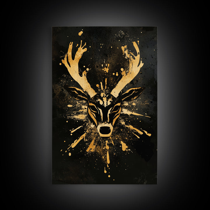 Textured Tribal Mask Gold Canvas Print, Splatter Art Design, Abstract Cultural Wall Art, Real Wood Frame, Bold Decor Piece