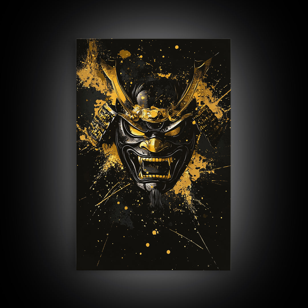 Vampire Mask Gold Canvas Print, Gothic Splatter Wall Art, Horror Decor, Real Wood Frame, Dark Artistic Statement Artwork