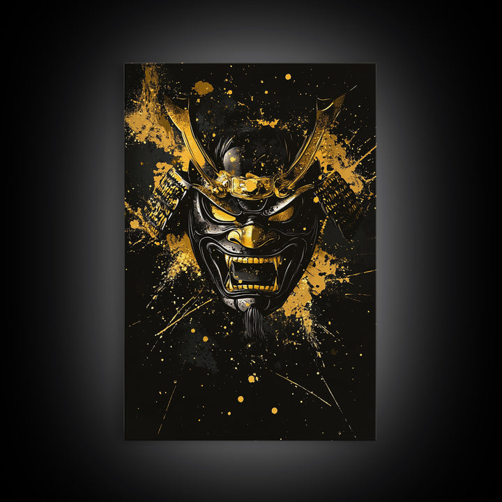 Vampire Mask Gold Canvas Print, Gothic Splatter Wall Art, Horror Decor, Real Wood Frame, Dark Artistic Statement Artwork