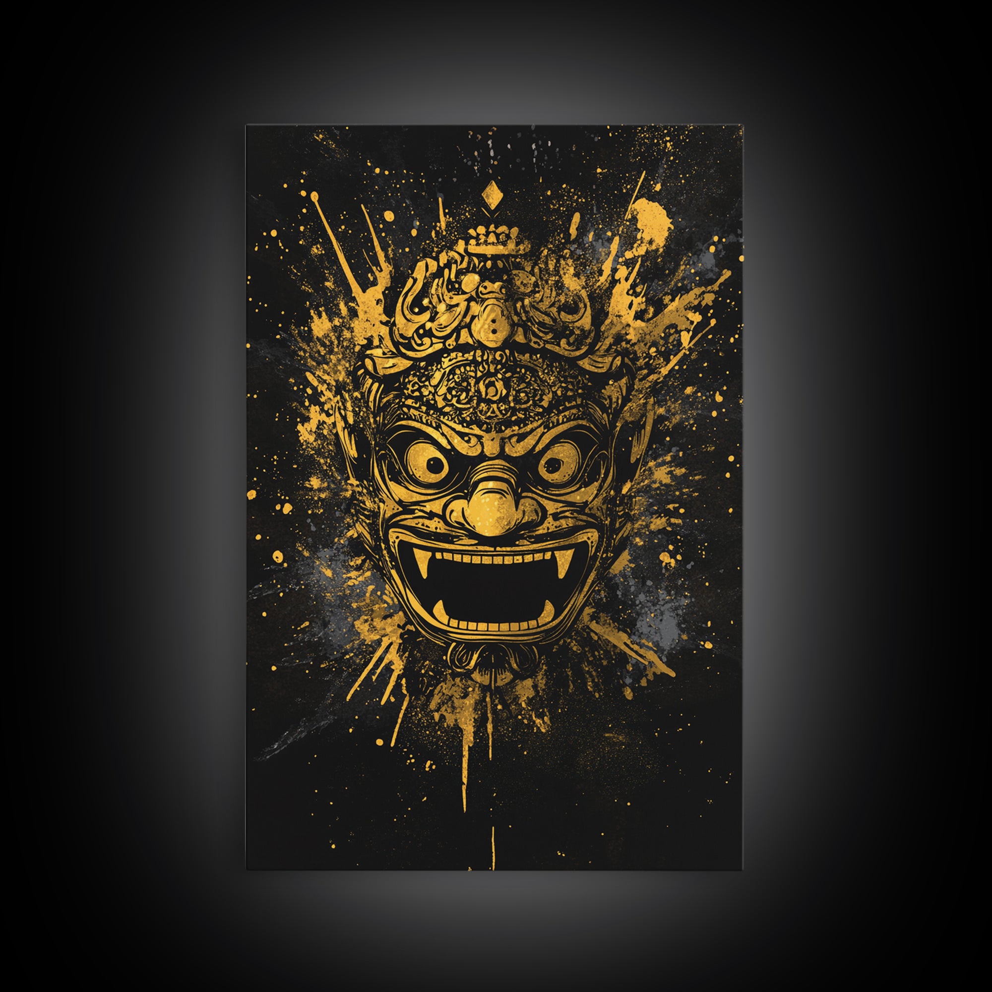 Balinese Barong Mask Gold Canvas Print, Tribal Wall Art, Mythical Creature Artwork, Real Wood Frame, Unique Home Decor