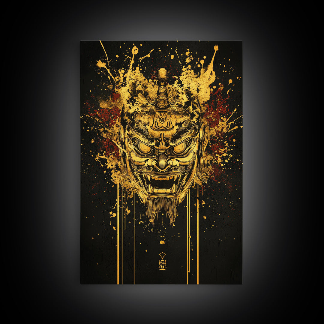 Tibetan Demon Mask Gold Canvas Print, Spiritual Wall Art, Fierce Mythical Face Art, Real Wood Frame, Bold Statement Decor