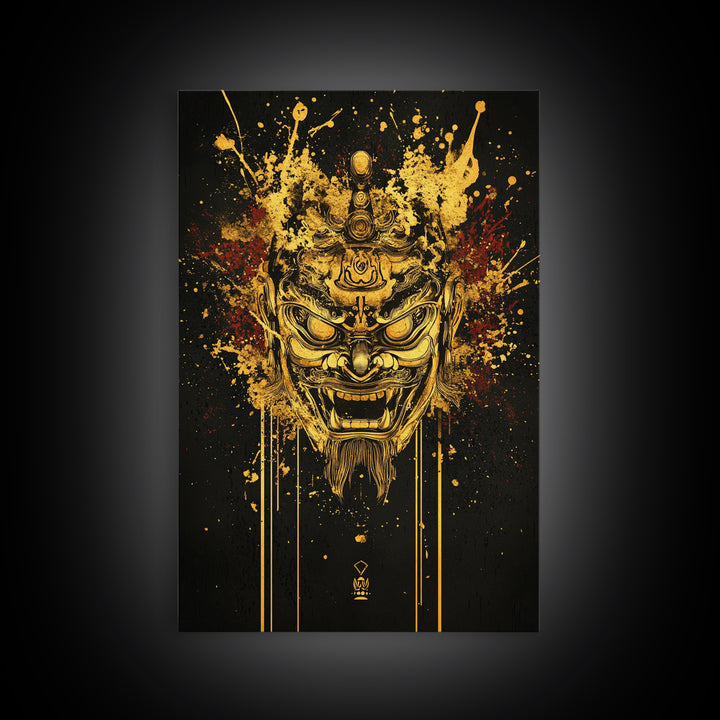Tibetan Demon Mask Gold Canvas Print, Spiritual Wall Art, Fierce Mythical Face Art, Real Wood Frame, Bold Statement Decor