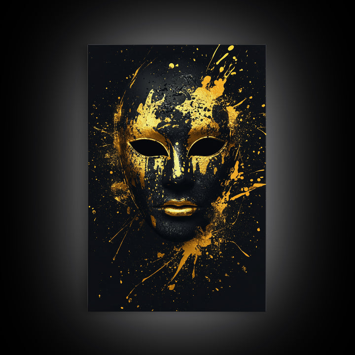 Venetian Mask Gold Canvas Print, Elegant Wall Art, Luxury Mask Artwork, Real Wood Frame, Dramatic Splatter Effect Home Decor