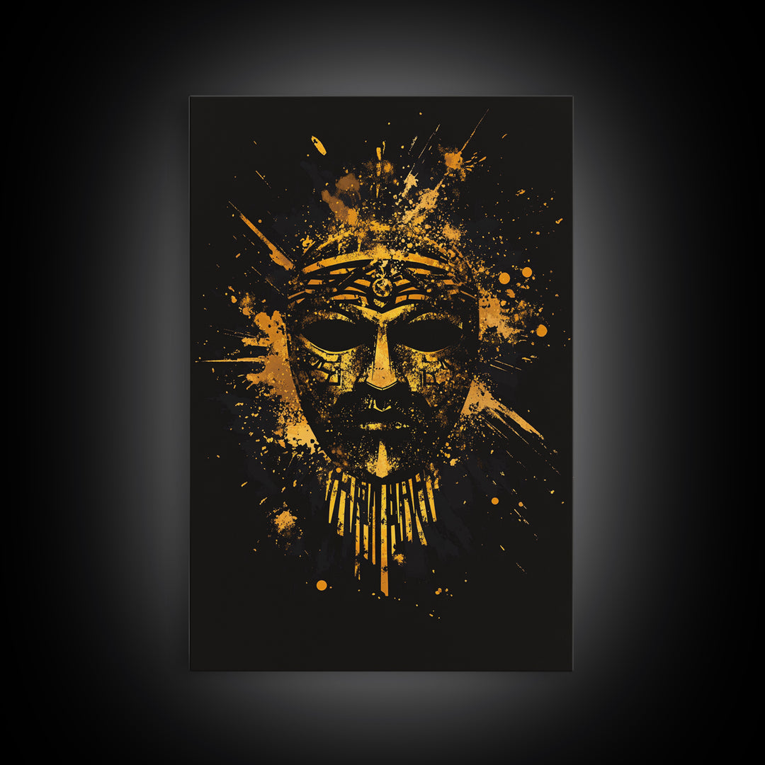 Ancient Warrior Mask Gold Canvas Print, Historical Wall Art, Tribal Battle Mask Artwork, Real Wood Frame, Striking Home Accent