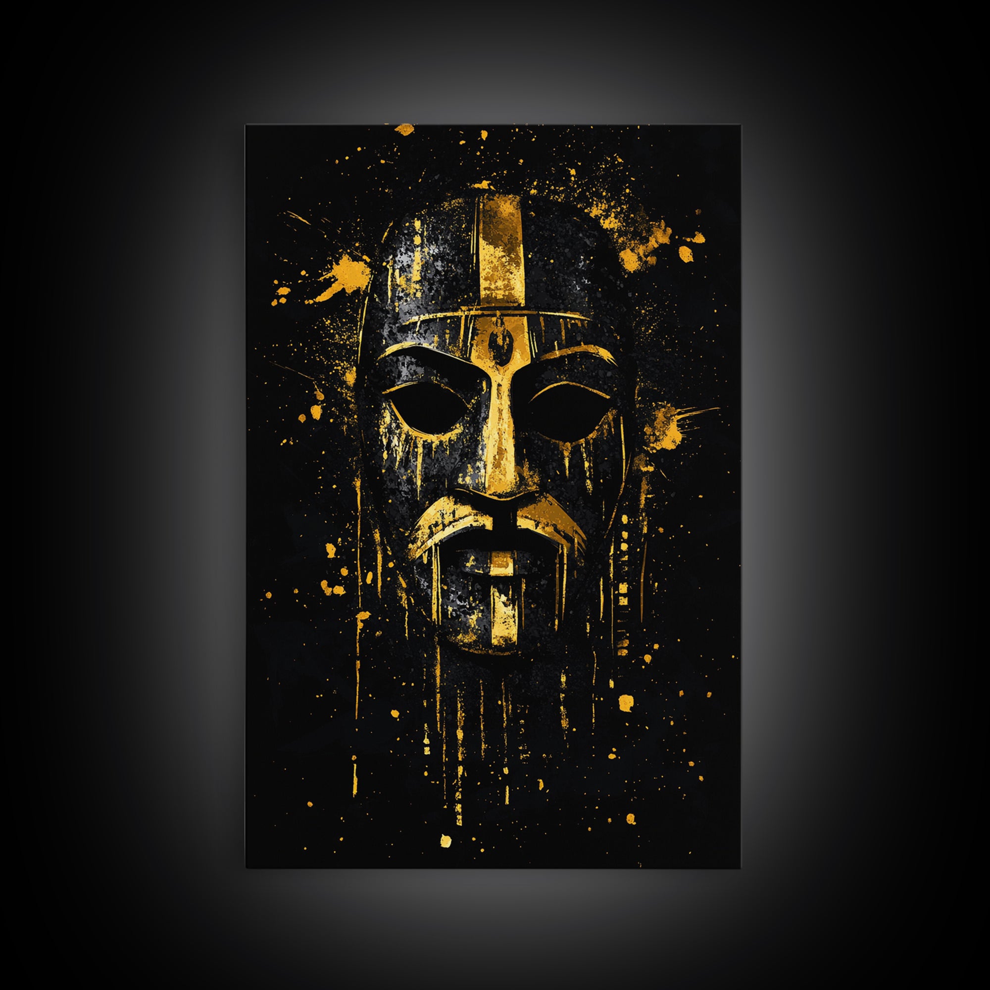 Medieval Mask Gold Canvas Print, Warrior Face Wall Art, Historic Armor Artwork, Real Wood Frame, Bold Statement Home Decor