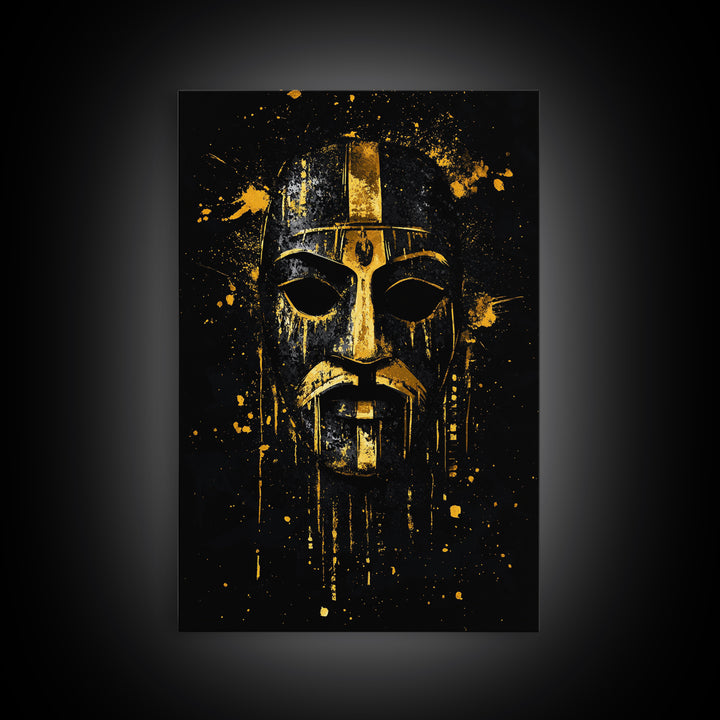 Medieval Mask Gold Canvas Print, Warrior Face Wall Art, Historic Armor Artwork, Real Wood Frame, Bold Statement Home Decor