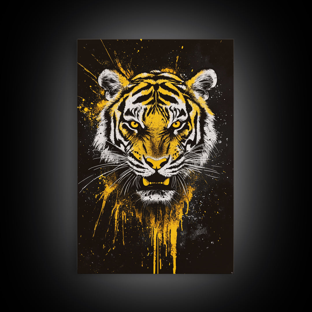 Tiger Face Gold Canvas Print, Wildlife Wall Art, Jungle Animal Artwork, Real Wood Frame, Fierce Predator Home Accent