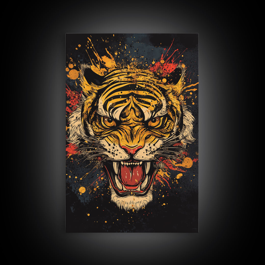 Roaring Tiger Gold Canvas Print, Wildlife Wall Art, Bold Jungle Cat Artwork, Real Wood Frame, Intense Animal Decor For Home