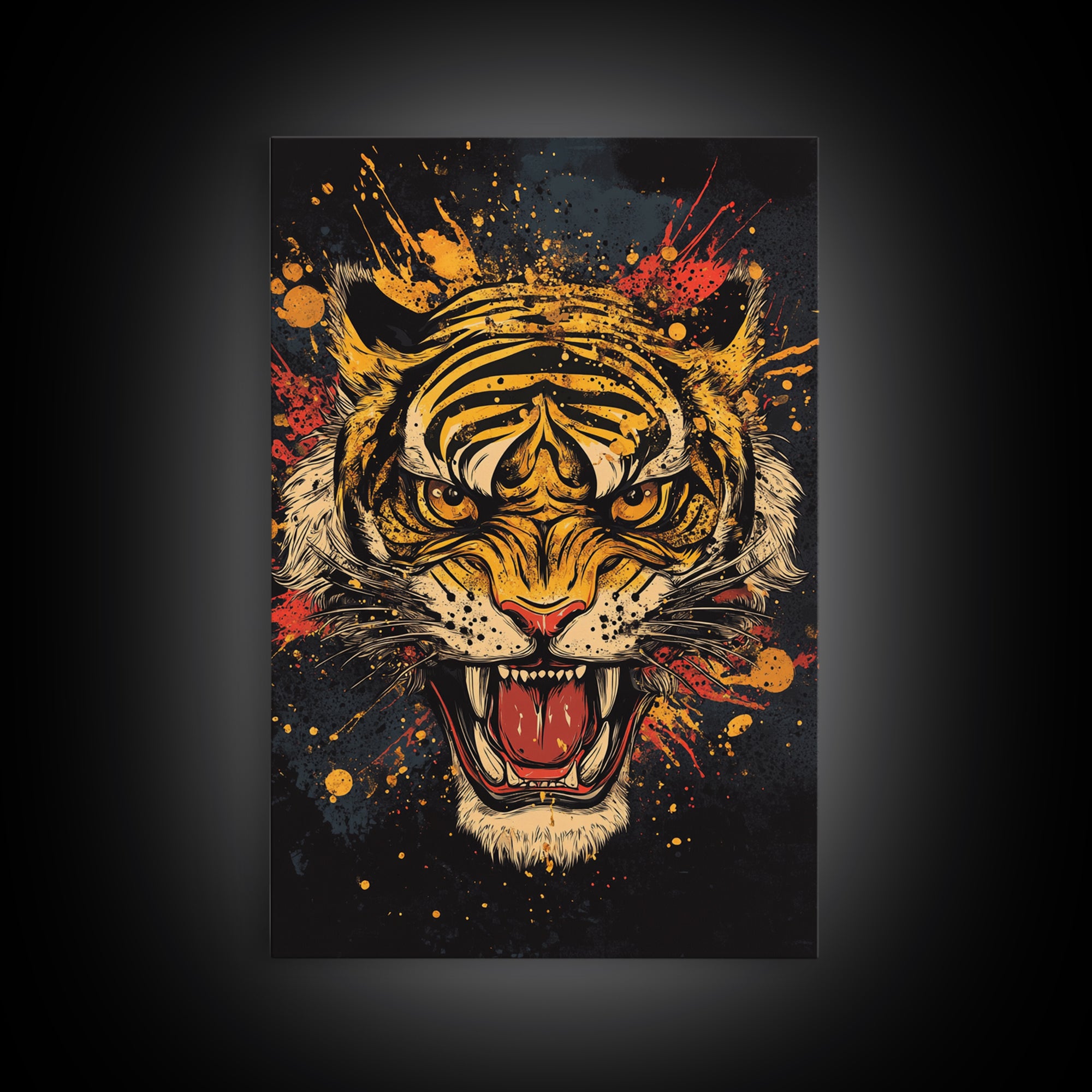 Roaring Tiger Gold Canvas Print, Wildlife Wall Art, Bold Jungle Cat Artwork, Real Wood Frame, Intense Animal Decor For Home