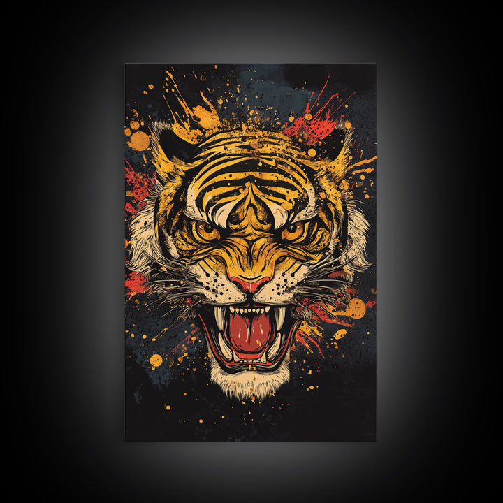 Roaring Tiger Gold Canvas Print, Wildlife Wall Art, Bold Jungle Cat Artwork, Real Wood Frame, Intense Animal Decor For Home