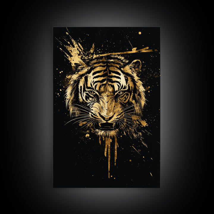 Tiger Head Gold Canvas Print, Fierce Jungle Cat Wall Art, Animal Spirit Artwork, Real Wood Frame, Powerful Wildlife Home Decor