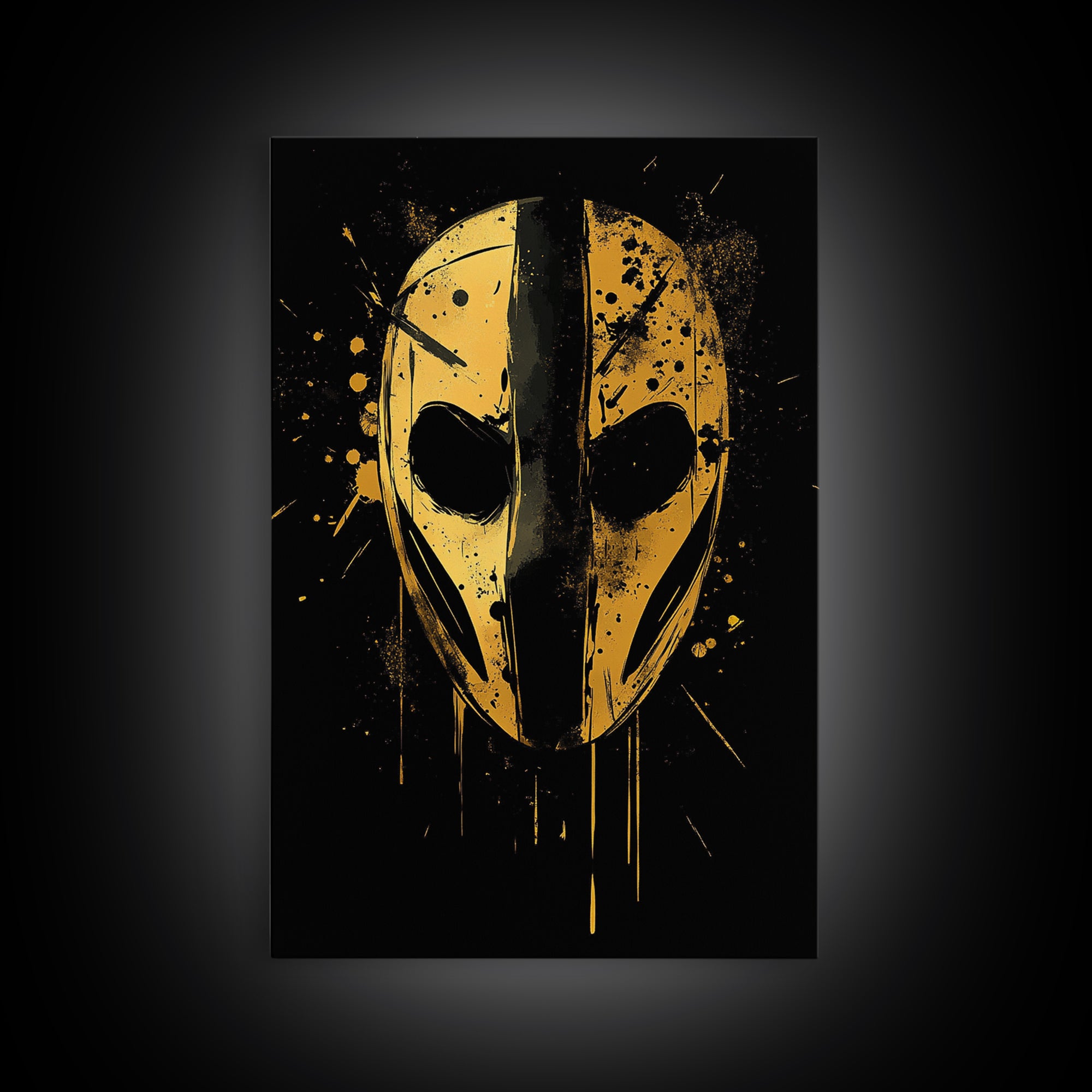 Abstract Mask Gold Canvas Print, Tribal Wall Art, Mysterious Face Artwork, Real Wood Frame, Bold Splatter Paint Effect Decor