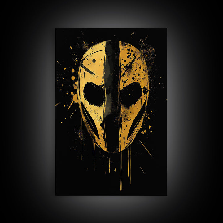 Abstract Mask Gold Canvas Print, Tribal Wall Art, Mysterious Face Artwork, Real Wood Frame, Bold Splatter Paint Effect Decor