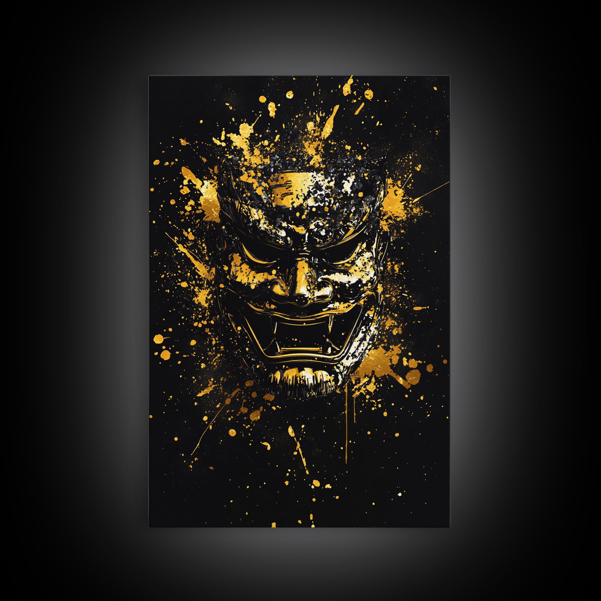 Samurai Mask Gold Canvas Print, Japanese Warrior Art, Splatter Style Wall Decor, Fierce Samurai Artwork, Real Wood Framed