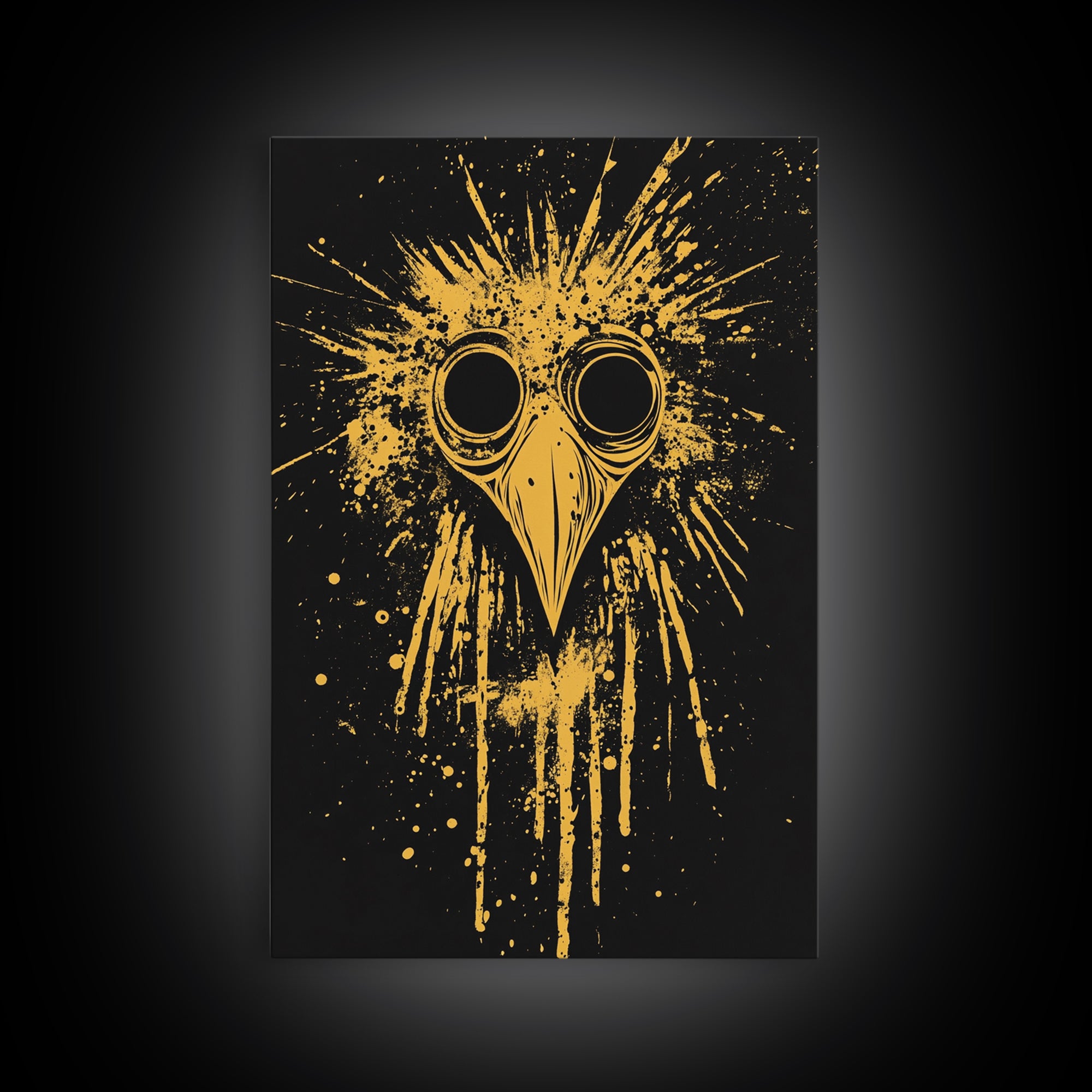 Plague Doctor Mask Gold Canvas Print, Gothic Splatter Art, Dark Fantasy Wall Decor, Unique Gothic Artwork, Real Wood Framed