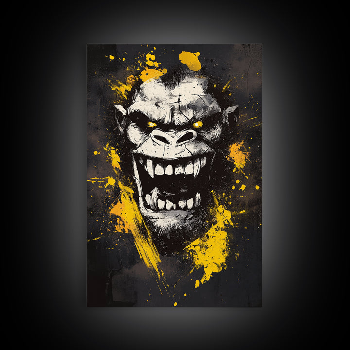 Gorilla Face Gold Canvas Print, Wild Splatter Art, Bold Jungle Wall Decor, Fierce Animal Artwork, Real Wood Framed