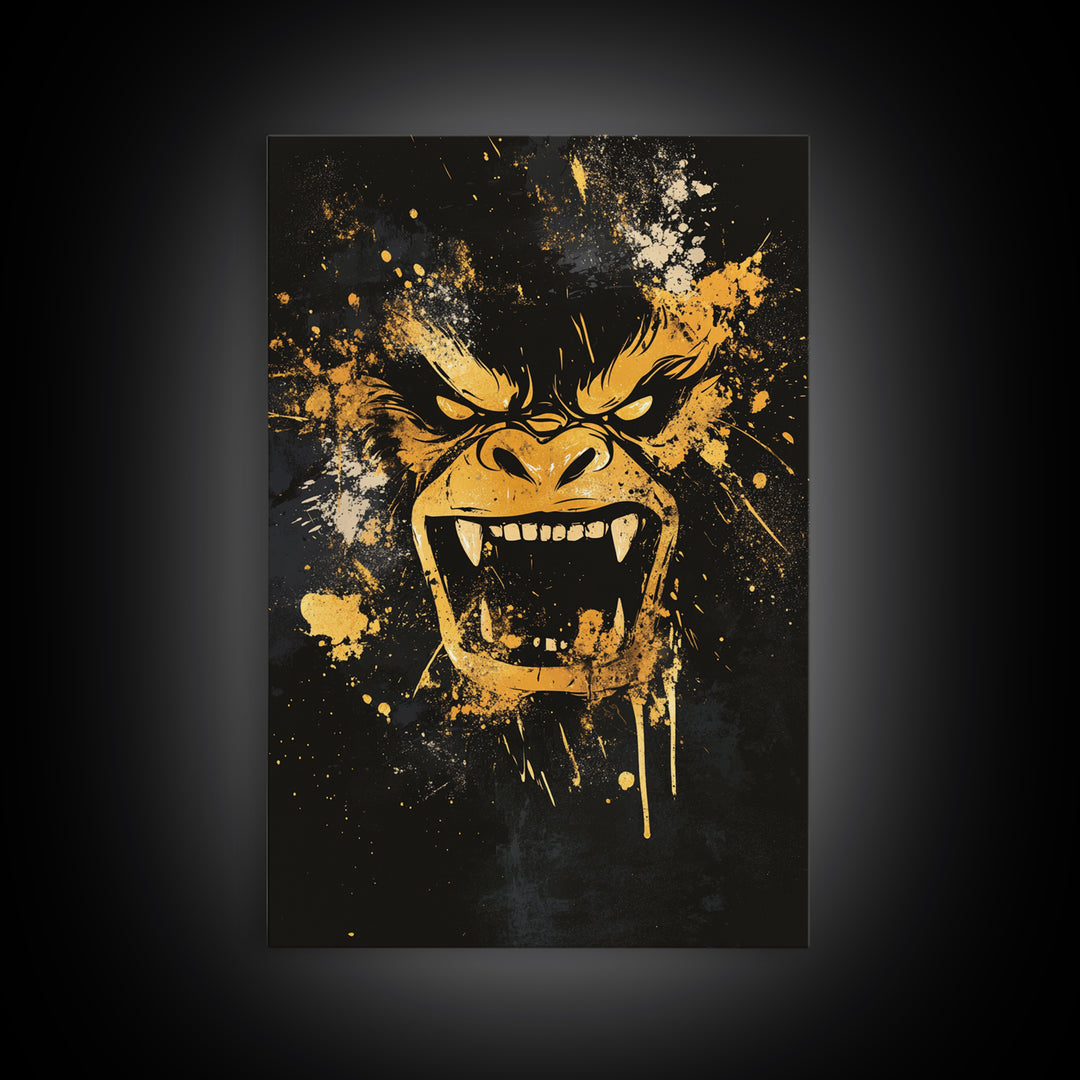 Angry Gorilla Gold Canvas Print, Tribal Splatter Art, Primal Jungle Wall Decor, Bold Animal Artwork, Real Wood Framed