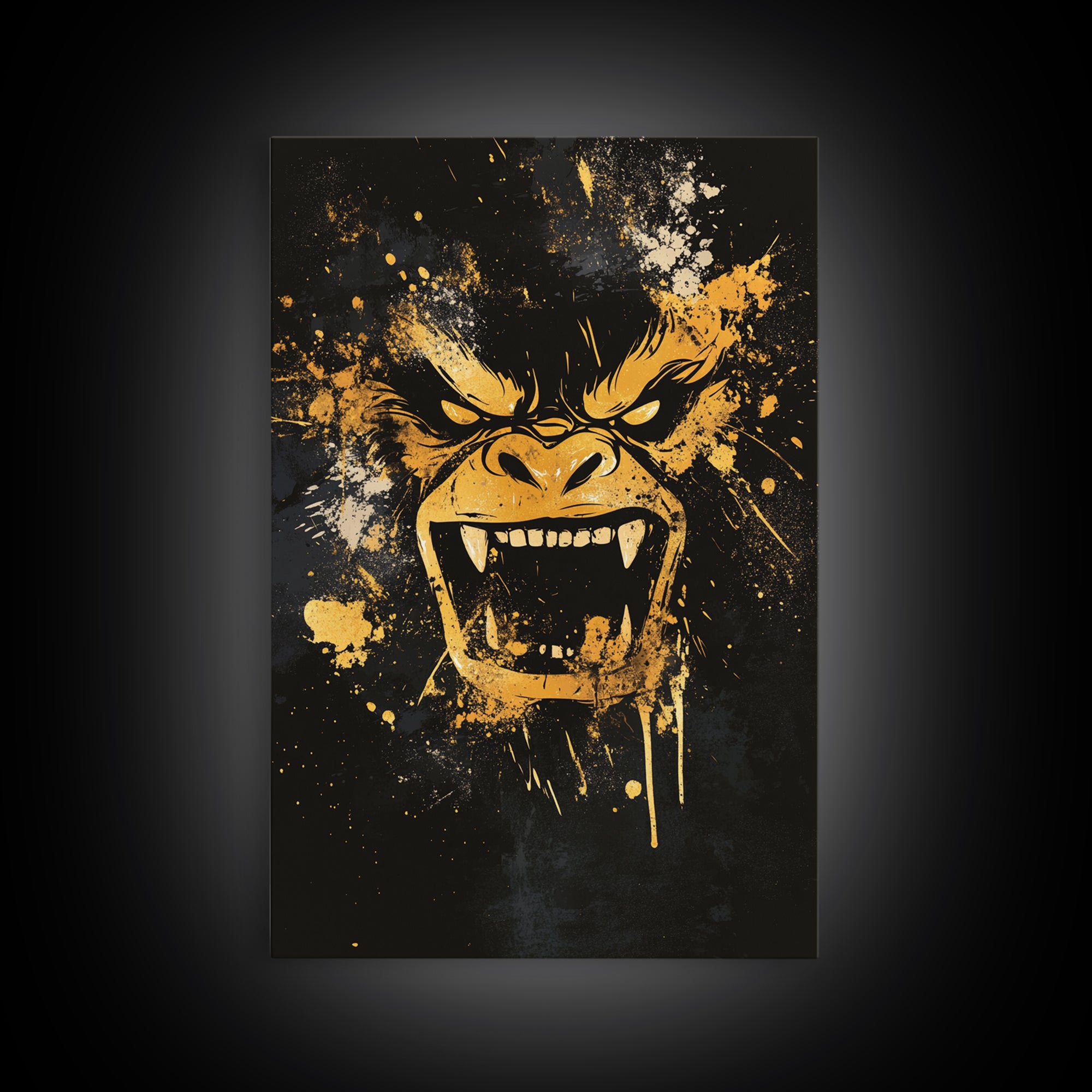 Angry Gorilla Gold Canvas Print, Tribal Splatter Art, Primal Jungle Wall Decor, Bold Animal Artwork, Real Wood Framed