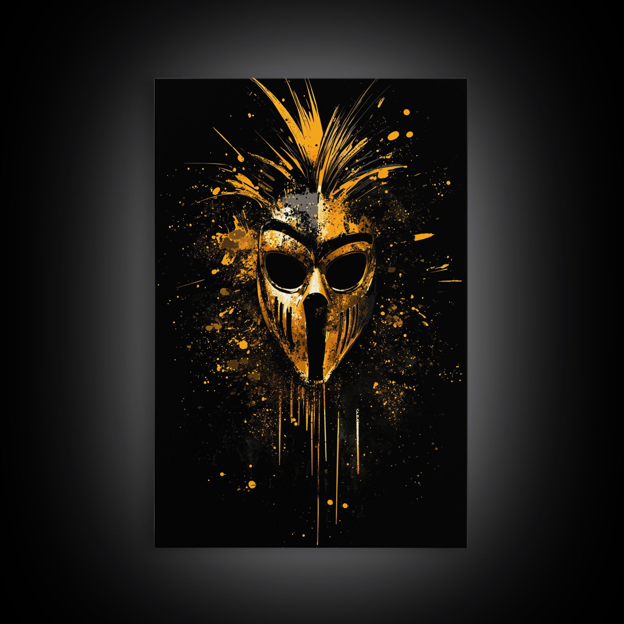 Tribal Warrior Mask Gold Canvas Print, African Inspired Splatter Art, Bold Tribal Wall Decor, Fierce Artwork, Real Wood Framed