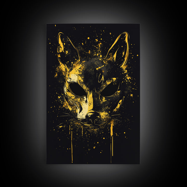 Cat Mask Gold Canvas Print, Mystical Splatter Art, Animal Spirit Wall Decor, Unique Feline Artwork, Real Wood Framed
