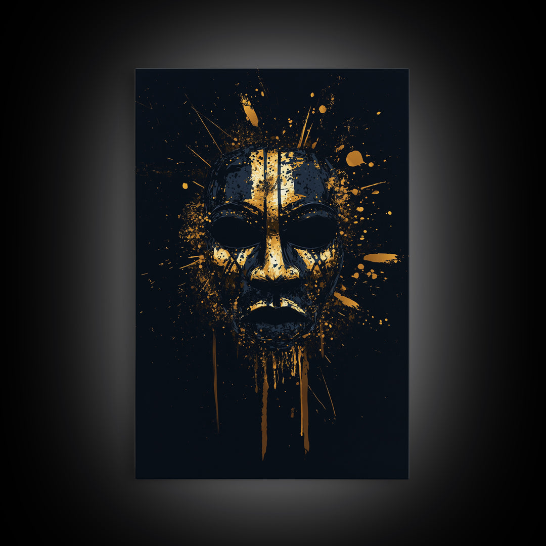 Tribal Splatter Mask Gold Canvas Print, Bold Cultural Art, Unique Splatter Wall Decor, Ethnic Mask Artwork, Real Wood Framed