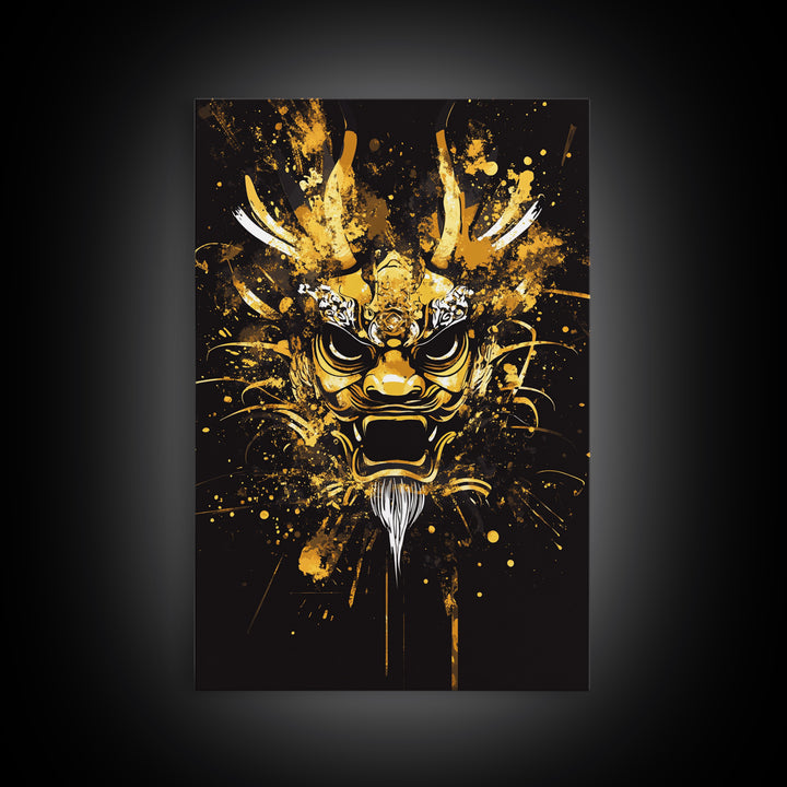Dragon Mask Gold Canvas Print, Mythical Splatter Art, Asian Inspired Wall Decor, Fierce Dragon Artwork, Real Wood Framed