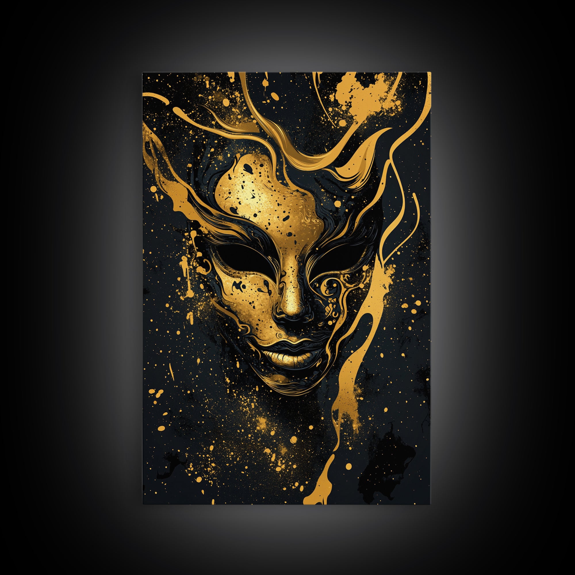 Abstract Face Mask Gold Canvas Print, Surreal Splatter Art, Bold Modern Wall Decor, Unique Artistic Artwork, Real Wood Framed