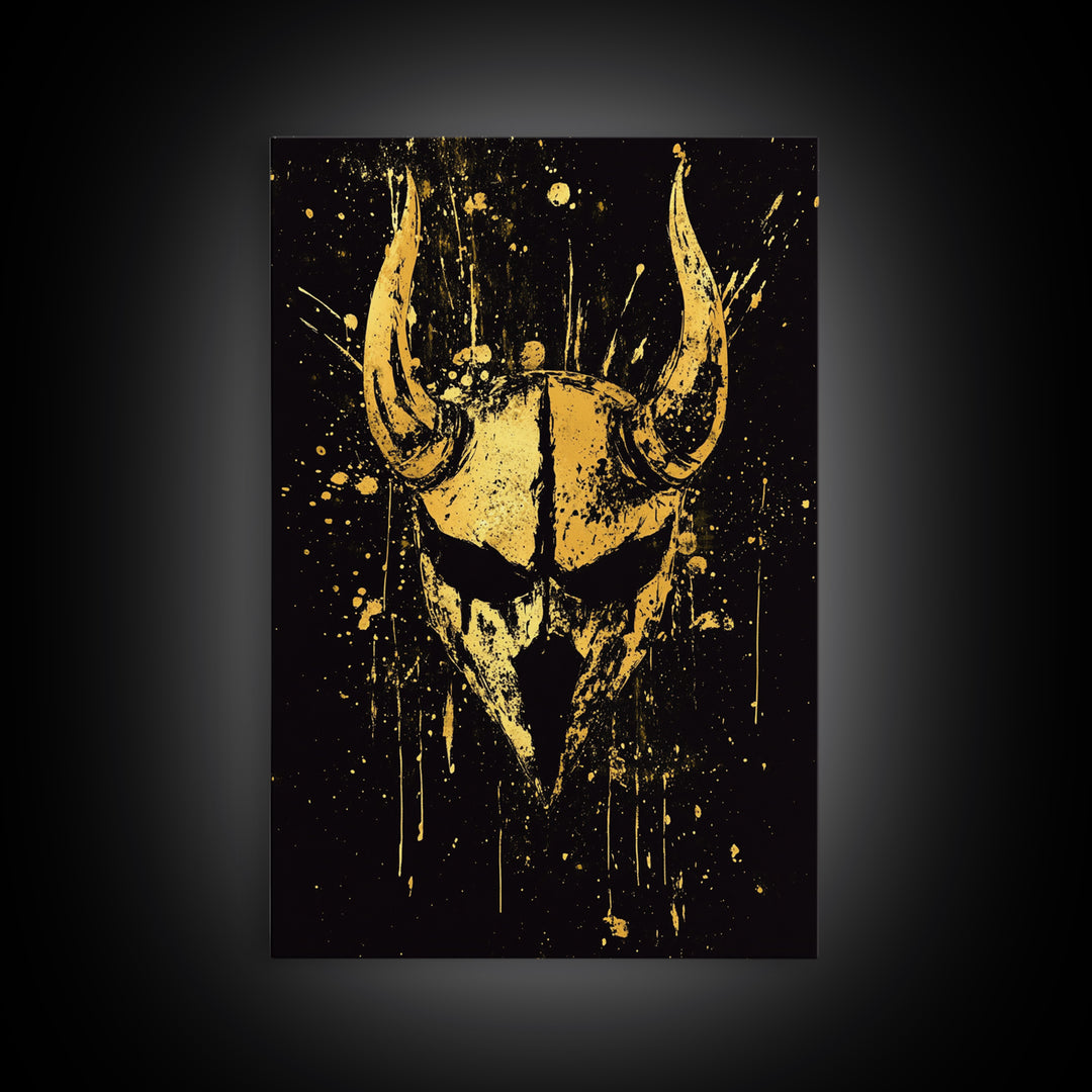 Viking Horned Helmet Gold Canvas Print, Bold Warrior Decor, Mythology Wall Art, Real Wood Framed Canvas Artwork